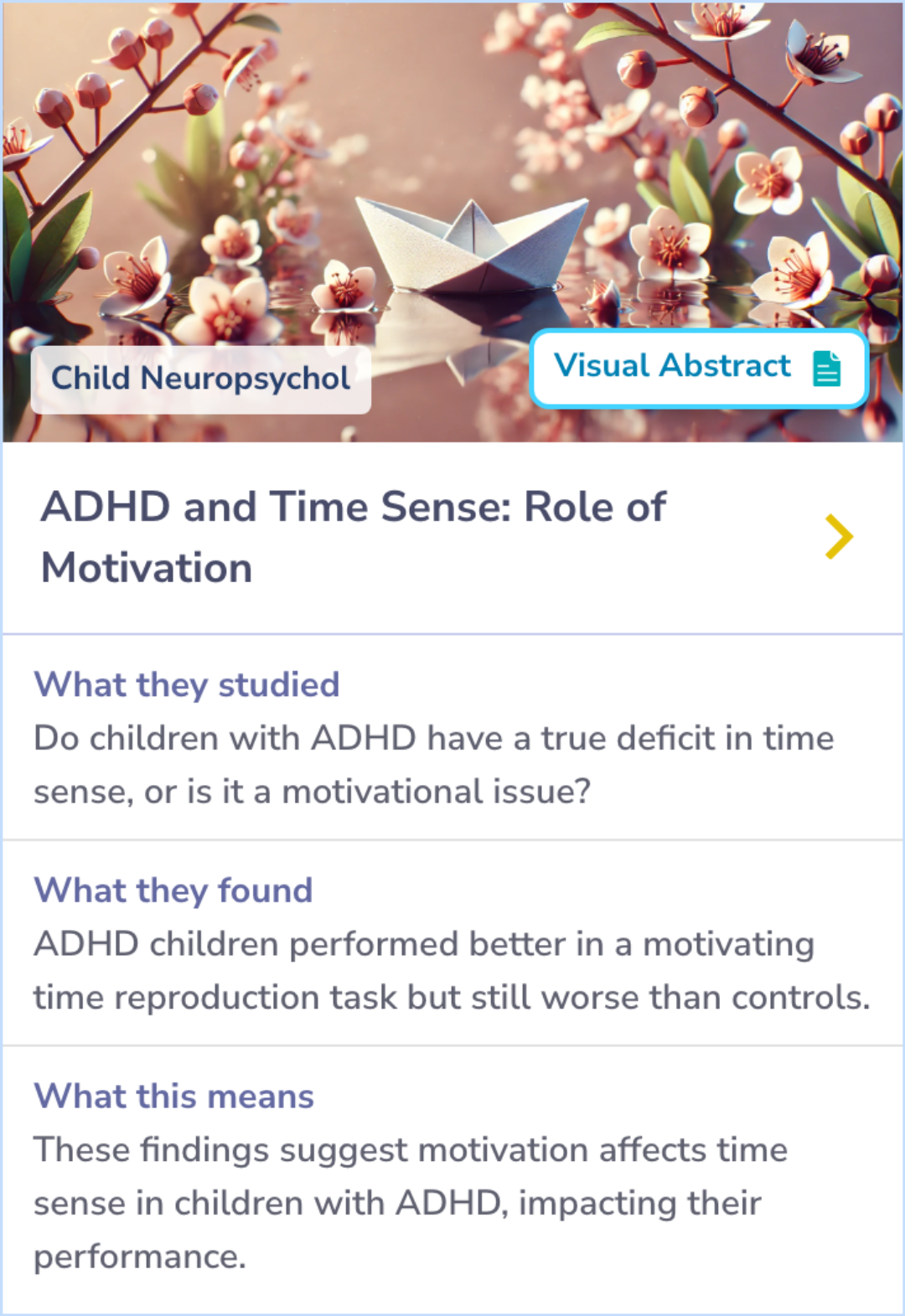 Summary Card describing a study where children with ADHD show improved time reproduction under higher motivation but still underperform compared to controls. Significant differences in working memory and behavioral inhibition were also noted.
