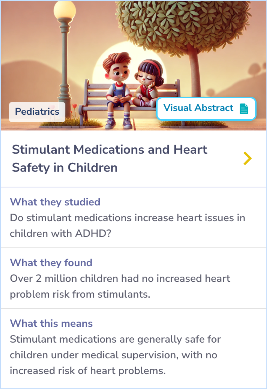 Summary Card comparing cardiac risks for children and adolescents using methylphenidate or amphetamine salts based on Florida Medicaid data, revealing similar risk levels for emergency heart-related visits.