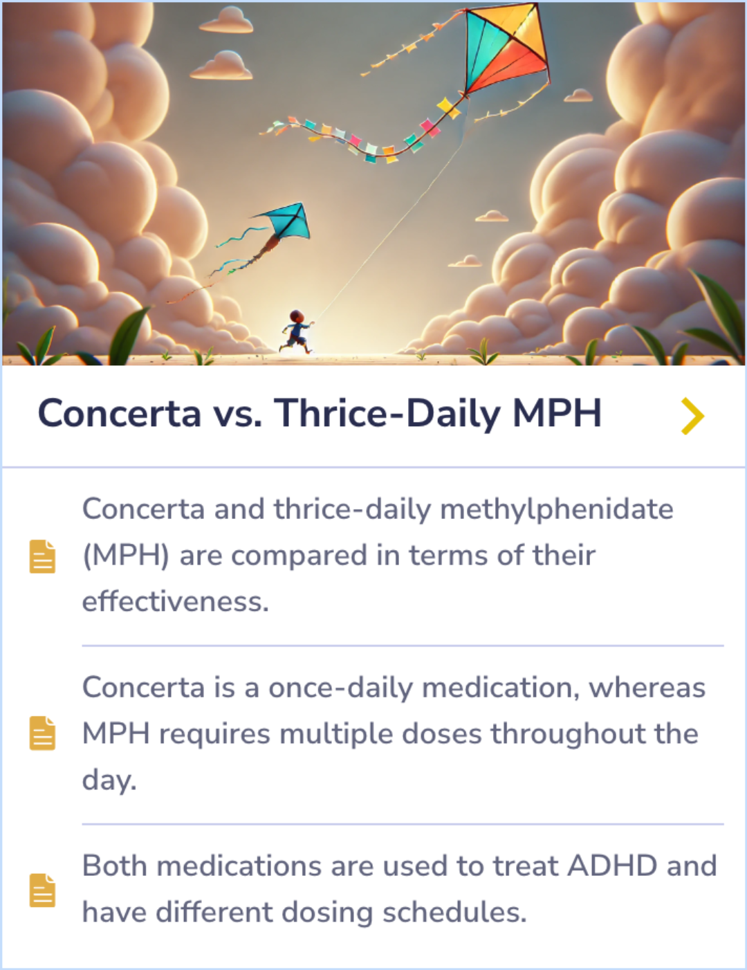 Detailed comparison of Concerta and thrice-daily methylphenidate (MPH) for ADHD treatment, focusing on effectiveness and dosing differences. Summary Card describing how Concerta simplifies treatment with a single daily dose compared to the multiple doses required for MPH.