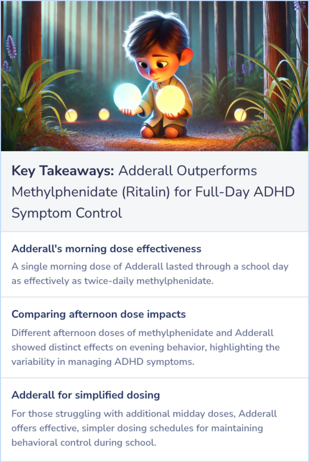Key Takeaways for A comparison of morning-only and morning/late afternoon Adderall to morning-only, twice-daily, and three times-daily methylphenidate in children with attention-deficit/hyperactivity disorder