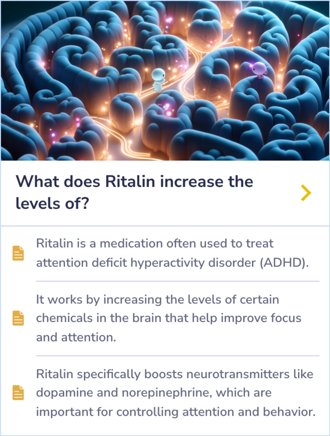 Summary Card explaining how Ritalin supports focus and behavior control in ADHD treatment by increasing dopamine and norepinephrine.