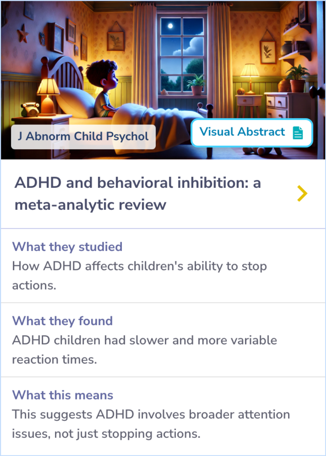 Summary Card showing differences in reaction times and attention issues between children with ADHD and typically developing children using the stop-signal paradigm.