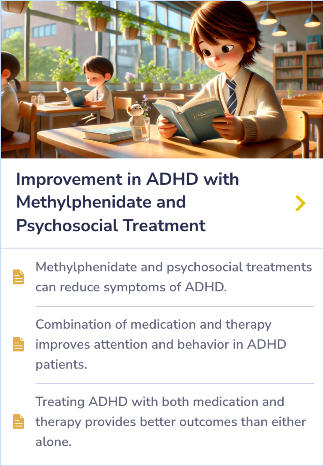 Summary Card depicting a study on the effects of methylphenidate on fatigue and concentration in chronic fatigue syndrome patients, showing statistically significant improvements.
