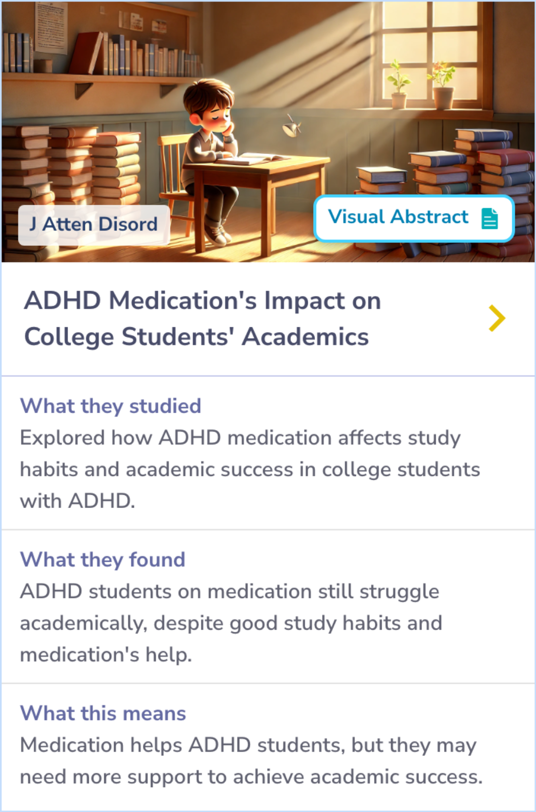 Summary Card comparing academic performance of ADHD students on medication to control students, highlighting GPA, test scores, and study habits.