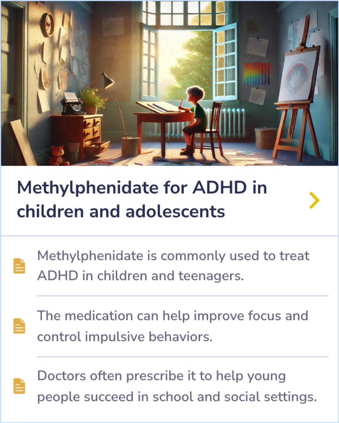 Comparison Card summarizing the differences between immediate-release methylphenidate, requiring 3 doses daily, and the new OROS-methylphenidate formulation which achieves the same efficacy with a single daily dose.