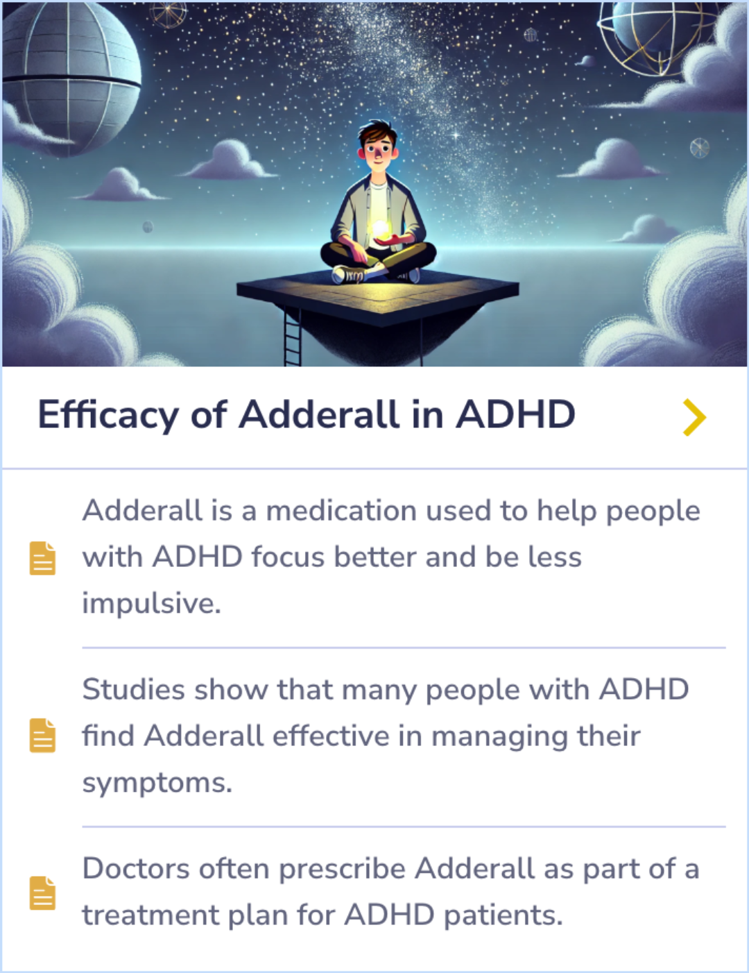 A Summary Card discussing Adderall's role in increasing focus and reducing impulsivity for individuals with ADHD, highlighting its effectiveness and frequent use in treatment plans.