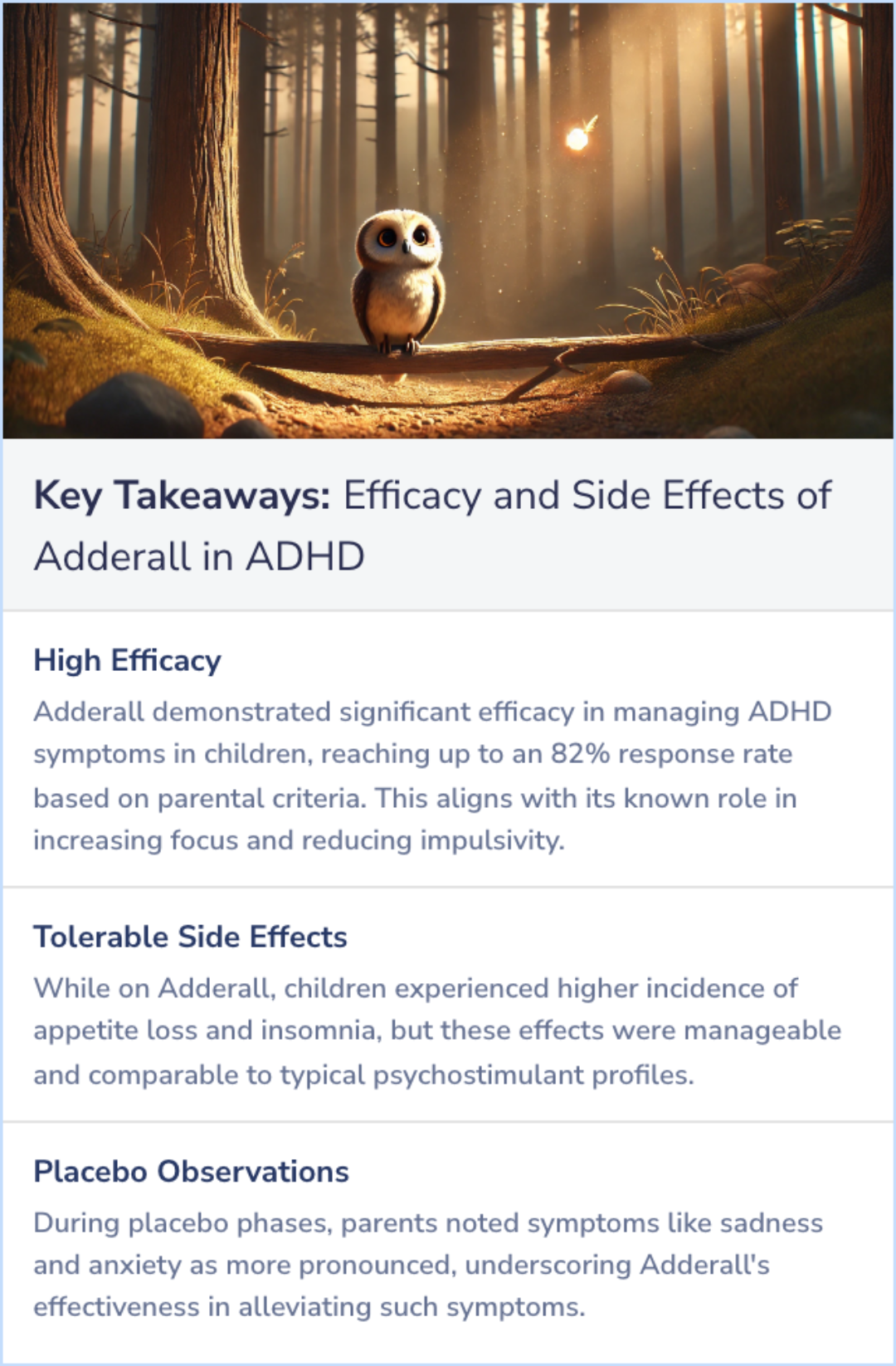 Key Takeaways for Placebo-controlled evaluation of amphetamine mixture-dextroamphetamine salts and amphetamine salts (Adderall): efficacy rate and side effects