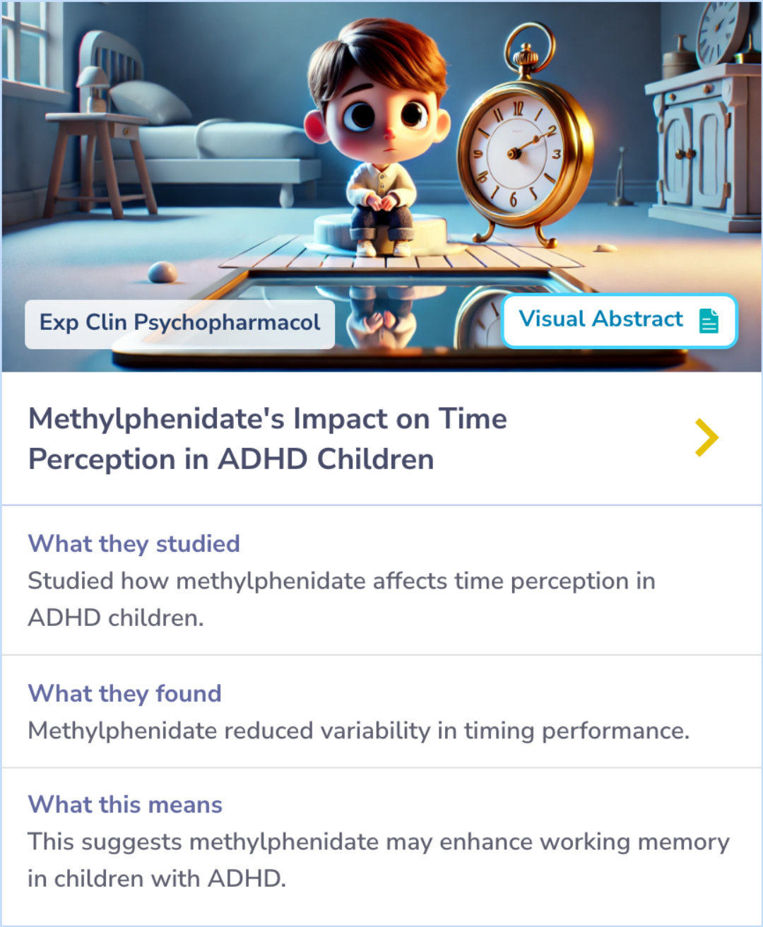 Summary card showing the effects of methylphenidate on timing performance in children with ADHD. Highlights include reduced timing variability, more consistent lever holds of 10-11 seconds, and fewer extremely short holds.