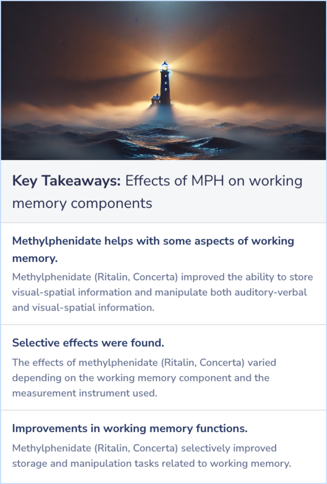 Key Takeaways for Effects of methylphenidate on working memory components: influence of measurement