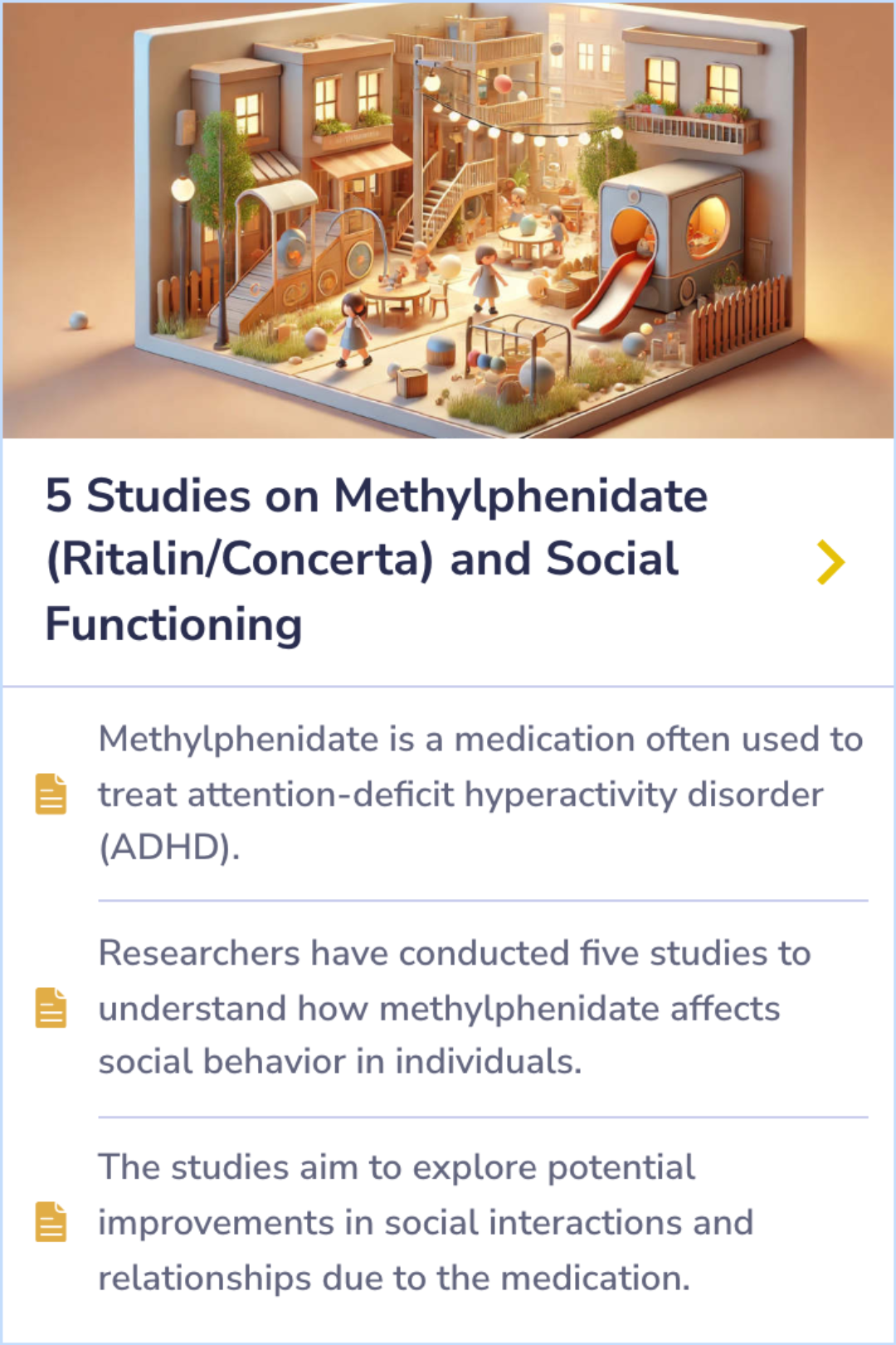 Summary Card detailing studies on the impact of methylphenidate on social behavior and interactions in ADHD treatment.