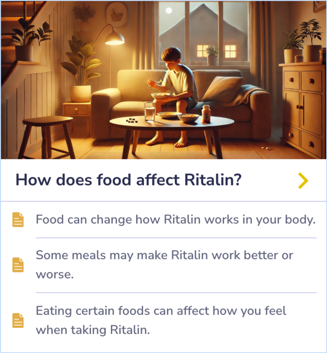 Summary Card explaining how different meals can change Ritalin's effectiveness and influence how users feel when taking the medication.