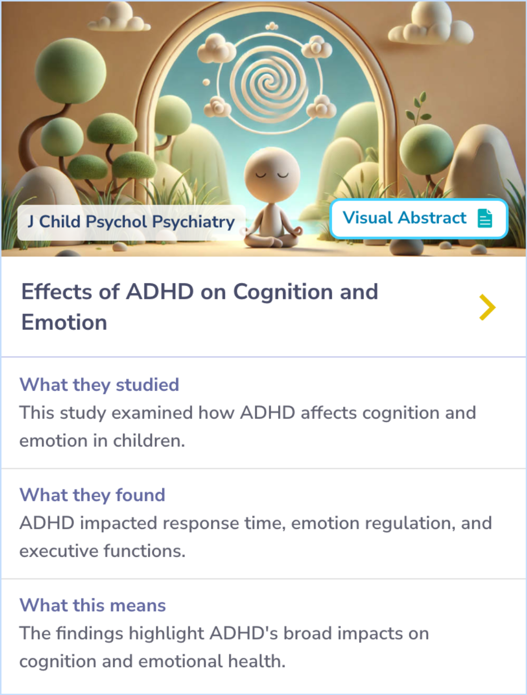 Summary Card highlighting the comparison of ADHD children to controls in terms of neuropsychological deficits and emotional functioning. The card notes that deficits in executive functions, reaction time variability, and emotional functioning significantly contribute to ADHD, with no notable gender differences.