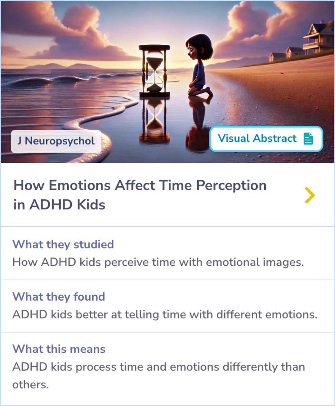 Summary Card illustrating a study comparing the impact of emotional stimuli on time perception in children with and without ADHD.
