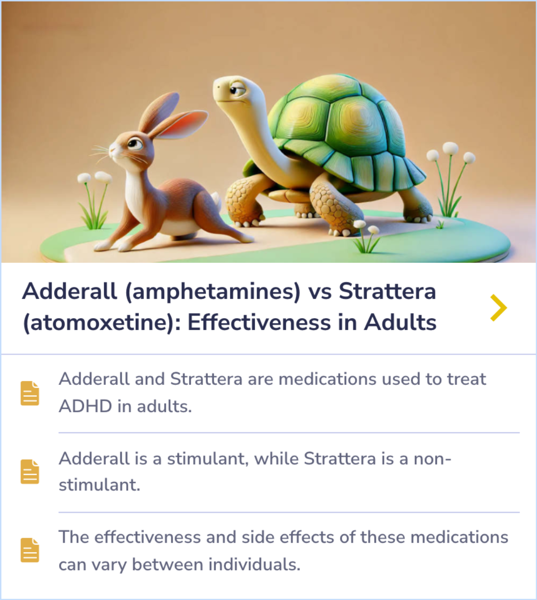 Summary Card comparing Adderall and Strattera in treating ADHD, focusing on their effectiveness, side effects, and individual responses.