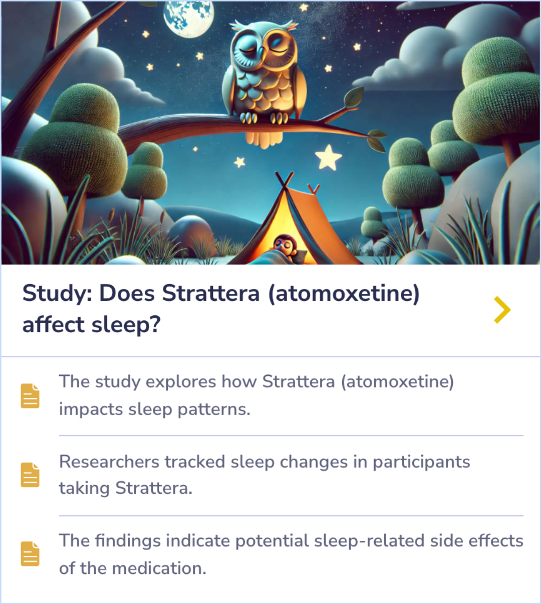 Summary Card discussing the potential sleep-related side effects of Strattera (atomoxetine) and how it impacts sleep patterns in participants.