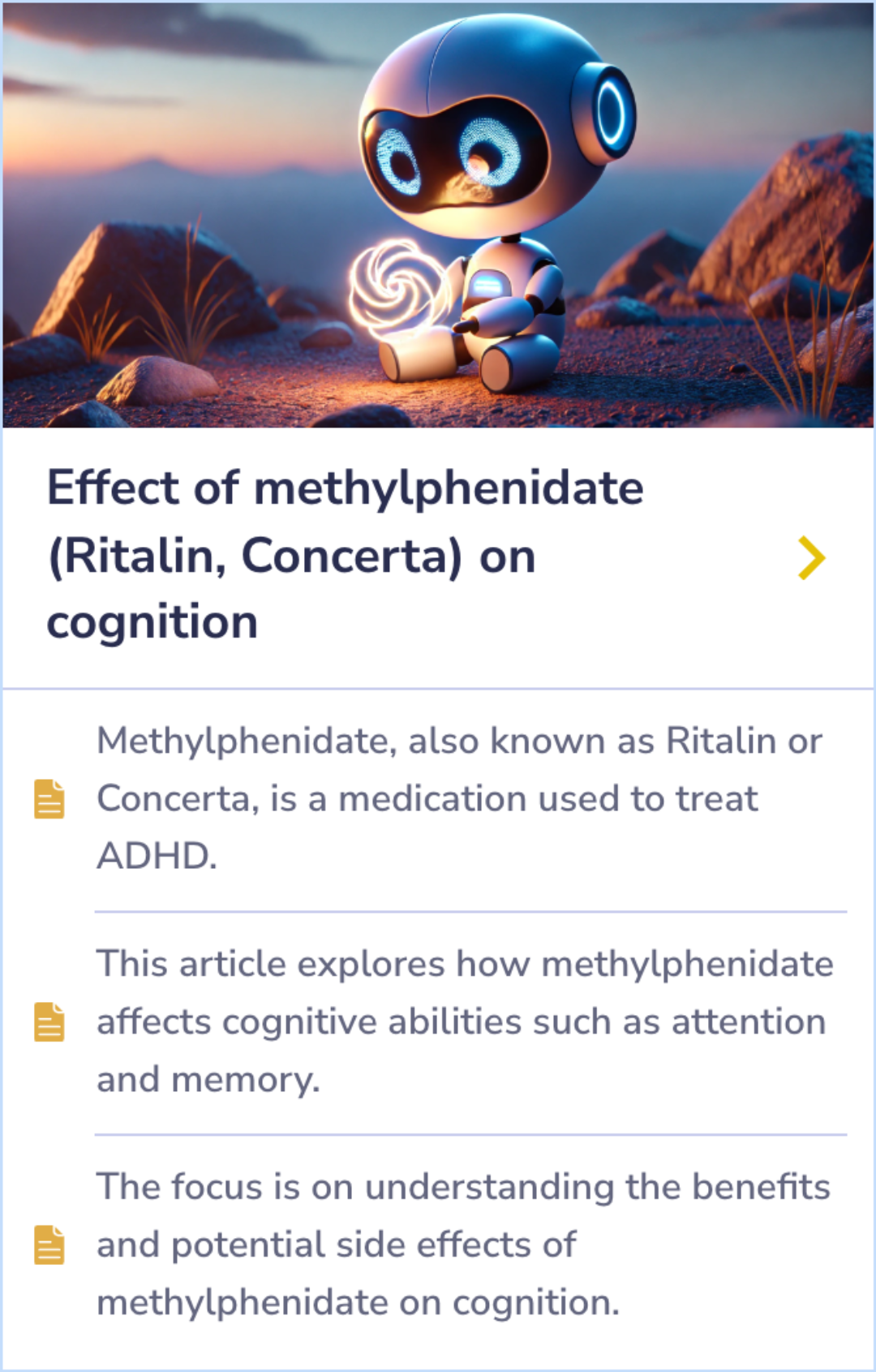 This Summary Card explores how methylphenidate, known as Ritalin or Concerta, impacts cognitive functions like attention and memory. It discusses both its benefits and potential side effects.