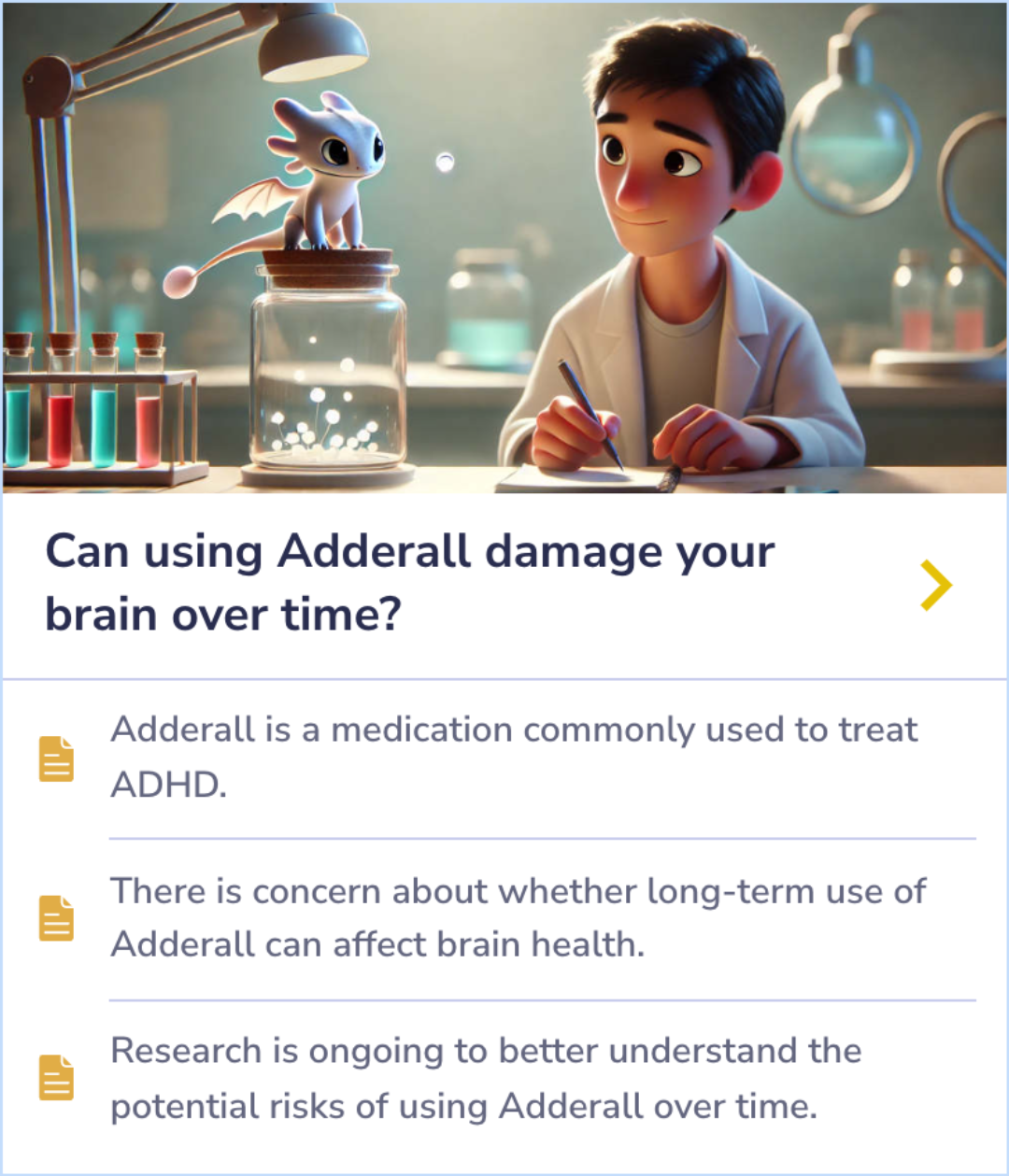 Summary Card exploring potential risks of long-term Adderall use for brain health.