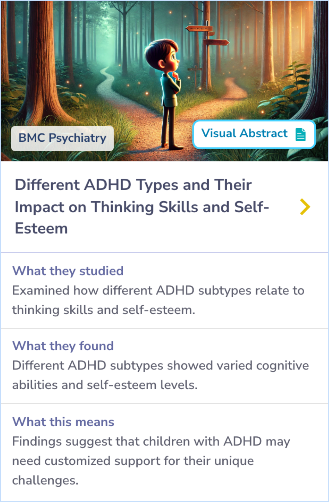 Summary Card shows cognitive deficits and self-esteem variations among ADHD subtypes based on WISC-IV scores, highlighting working memory challenges.