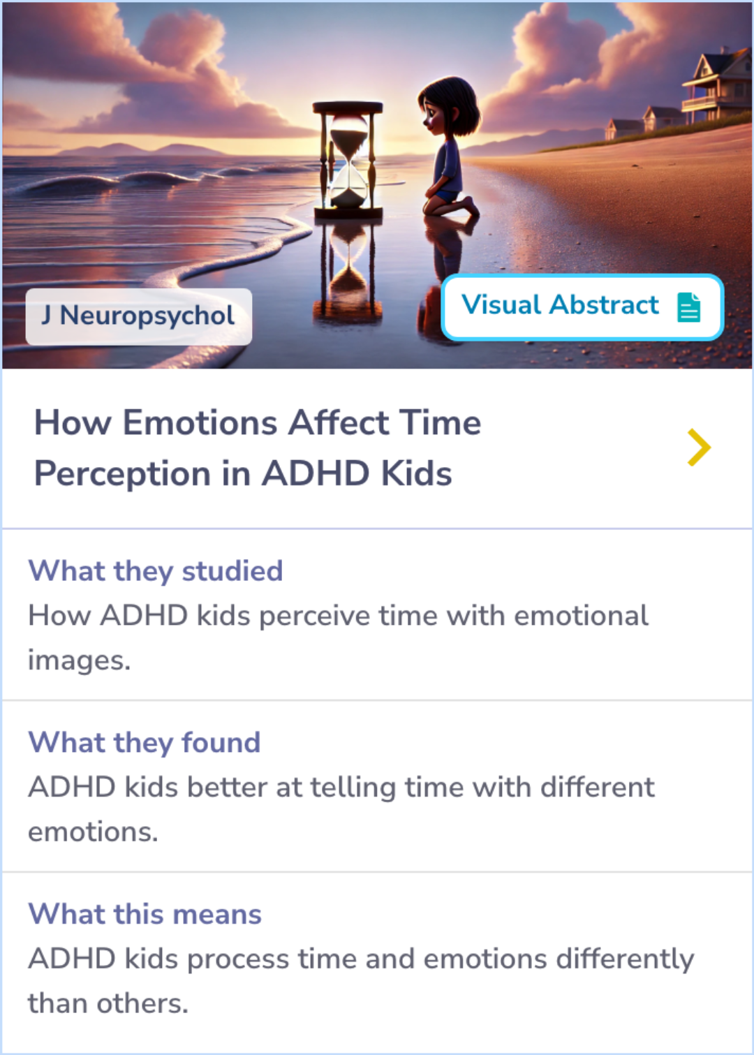 Summary Card illustrating a study comparing the impact of emotional stimuli on time perception in children with and without ADHD.