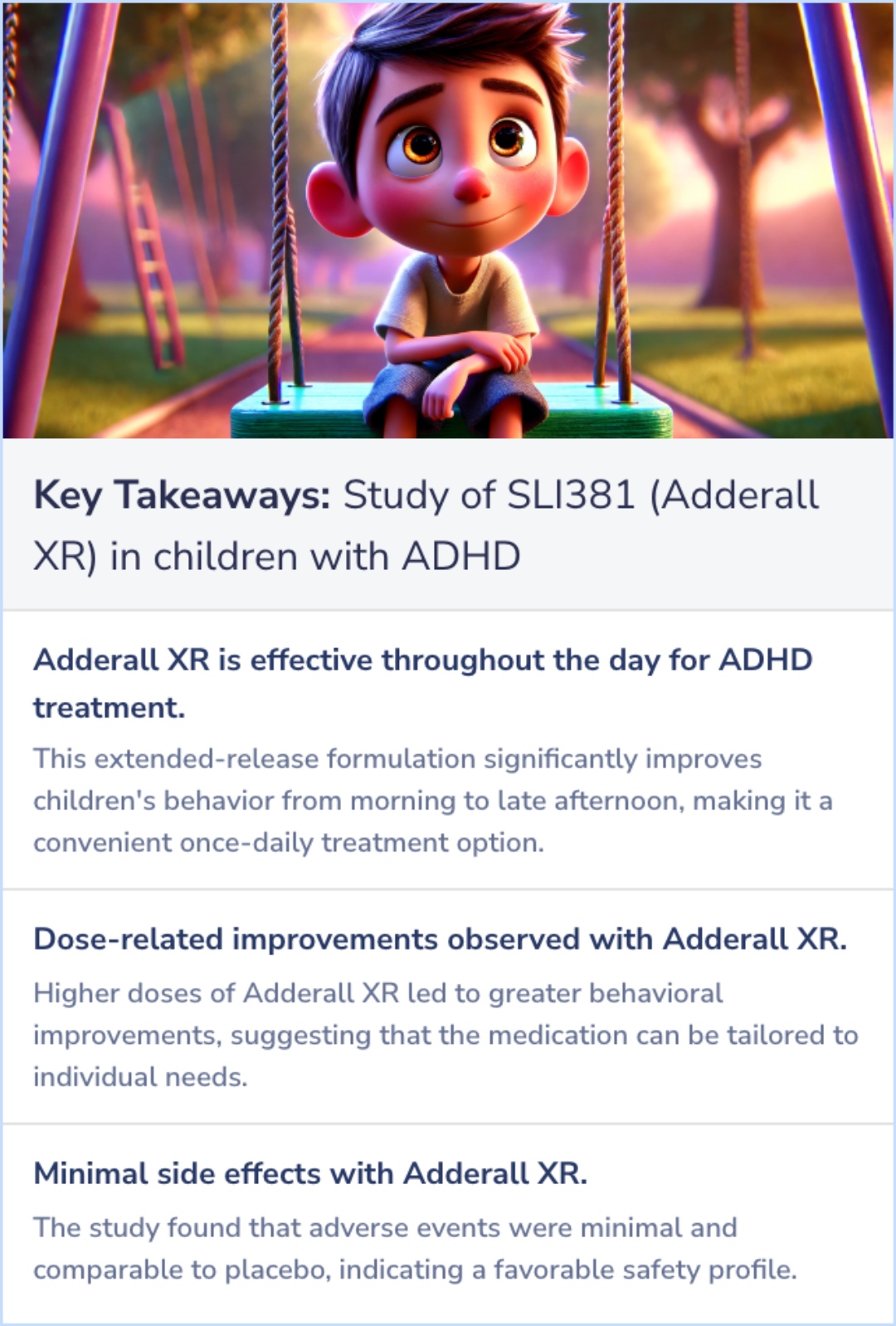 Key Takeaways for A randomized, double-blind, placebo-controlled, parallel-group study of SLI381 (Adderall XR) in children with attention-deficit/hyperactivity disorder