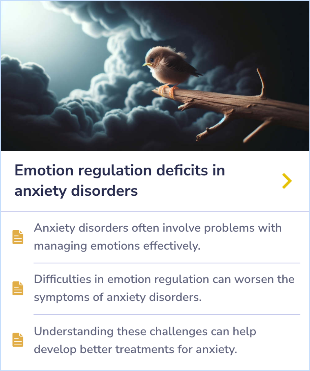 Summary Card explaining how emotional difficulties can worsen anxiety symptoms and contribute to treatment approaches.