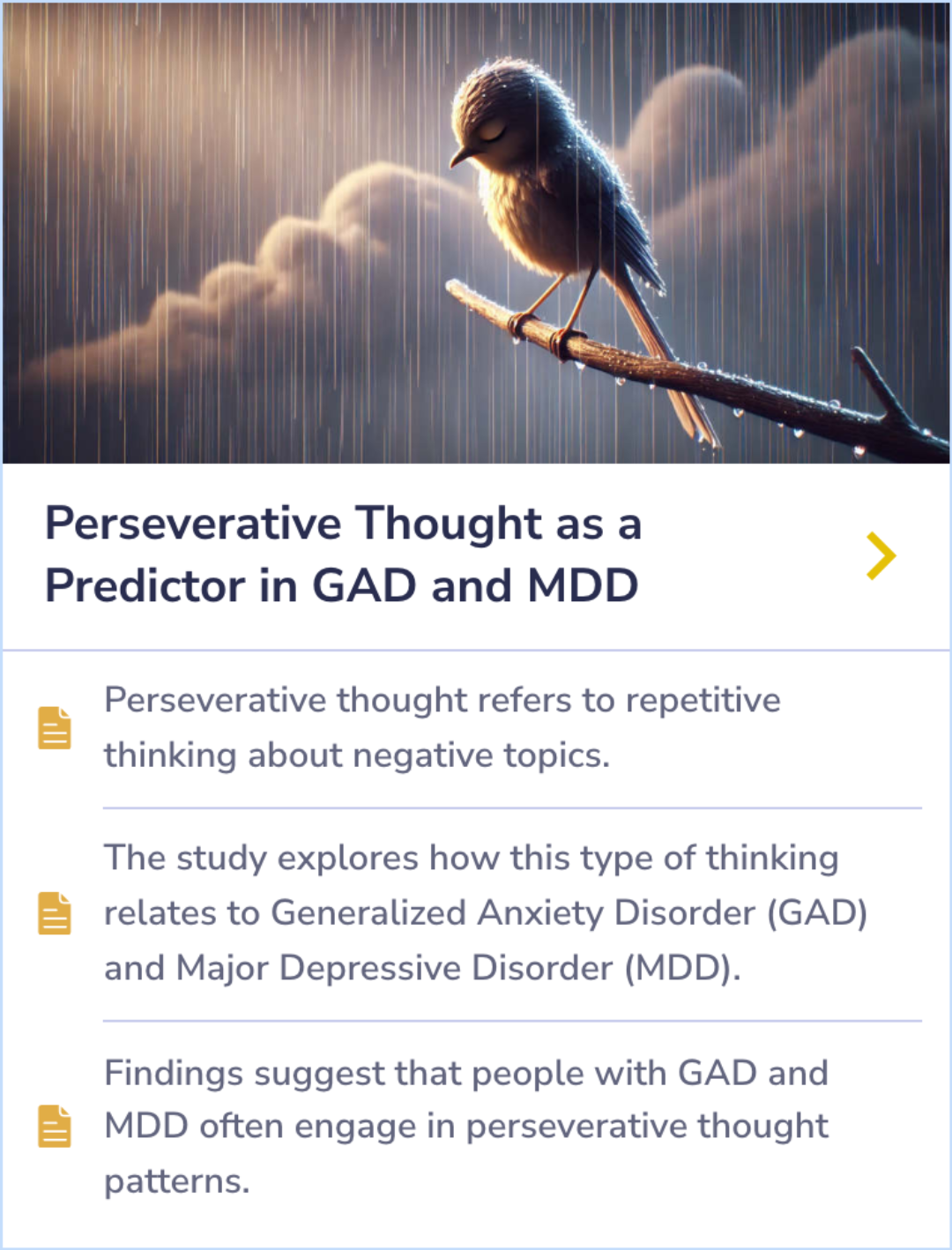 A summary card explaining the relationship between repetitive negative thinking and disorders like GAD and MDD. It focuses on how this type of thinking affects individuals with anxiety and depression.