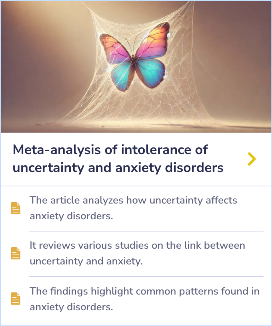 Summary Card exploring the connection between uncertainty and anxiety disorders based on a review of studies.
