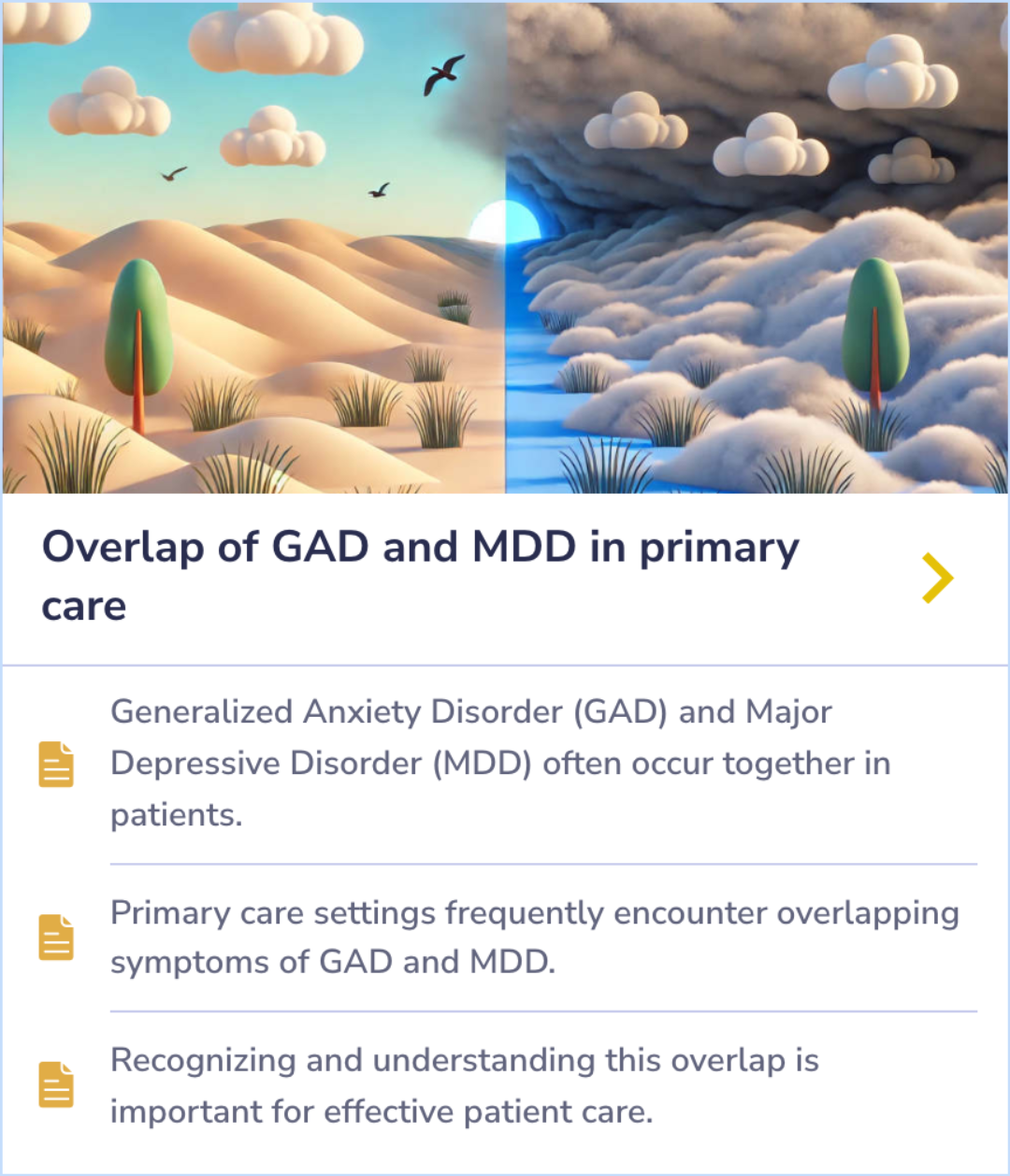 A summary card explaining how Generalized Anxiety Disorder and Major Depressive Disorder frequently overlap in patients seen in primary care, making treatment more comprehensive when both are recognized together.