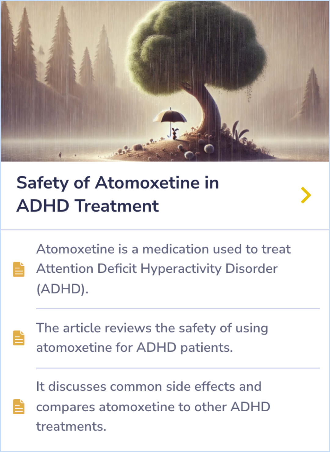 Summary card comparing the safety and side effects of atomoxetine with other ADHD medications.