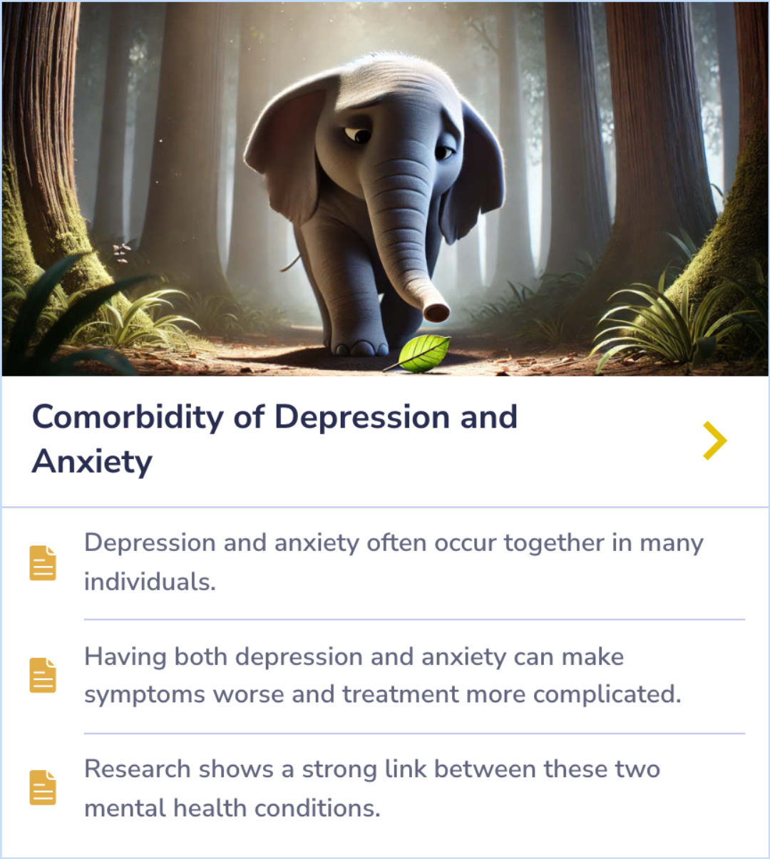 A summary card explaining the close connection between depression and anxiety, emphasizing how their coexistence can make symptoms more severe and treatment more complicated.