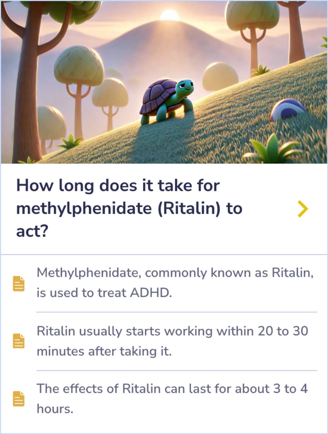 Summary Card showing how different foods affect Ritalin metabolism, illustrating changes in medication effectiveness based on dietary choices.