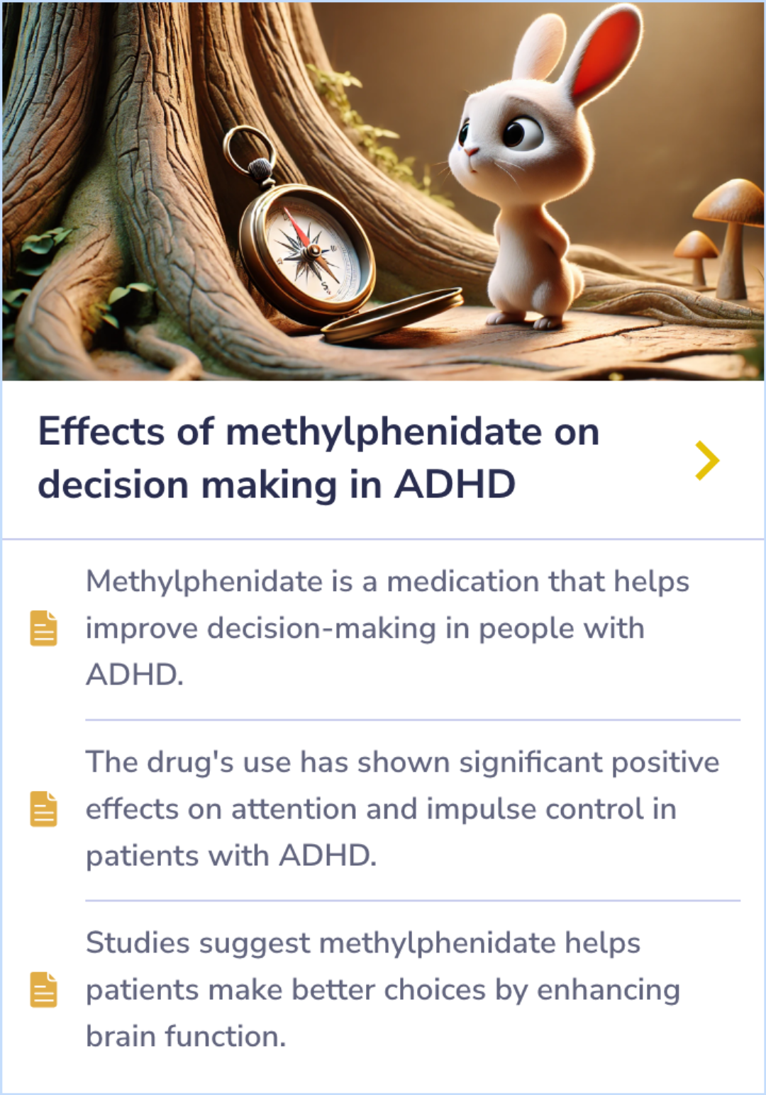 A summary card explaining the journey of Ritalin in the body: from ingestion to absorption in the gastrointestinal tract, metabolism in the liver, action in the brain, and excretion through urine.