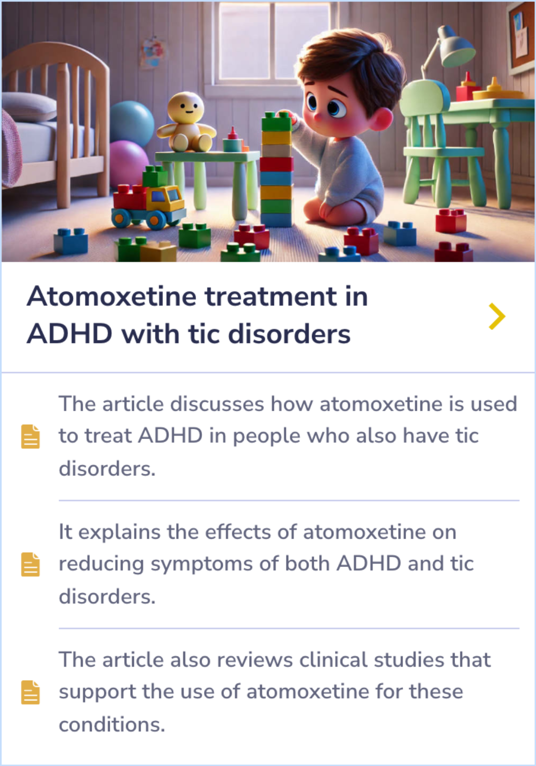 Summary Card explaining how atomoxetine helps manage both ADHD and tic disorders, based on clinical studies.