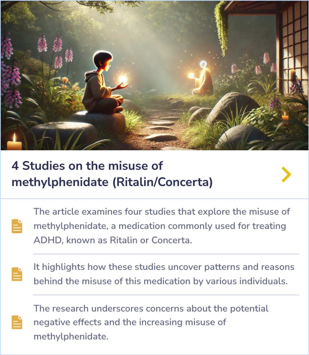 Summary card discussing the patterns, motivations, and negative outcomes related to the misuse of methylphenidate, an ADHD medication.
