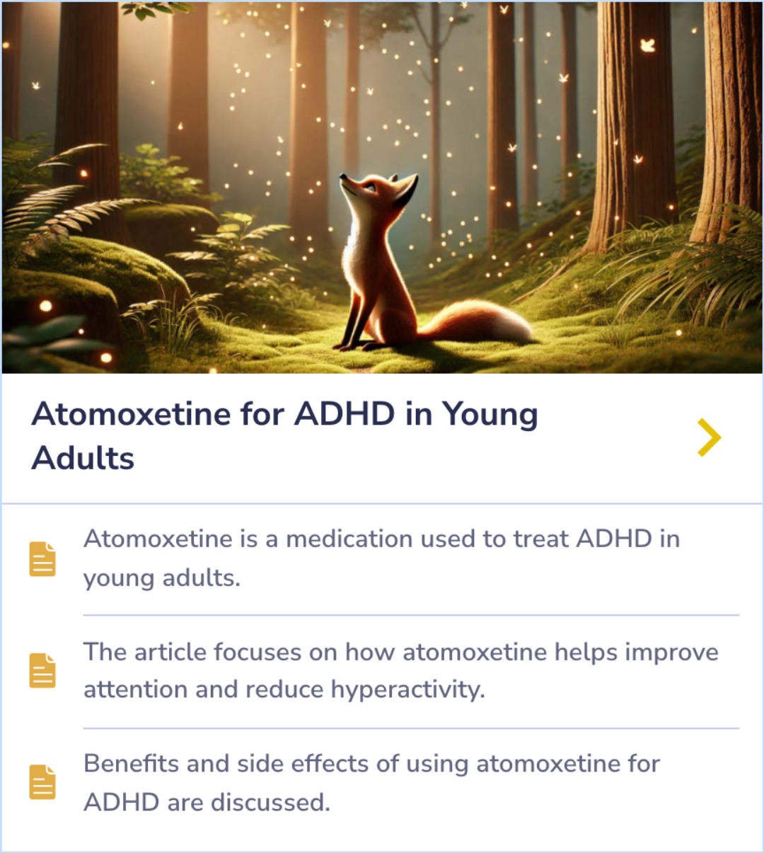 Summary Card reviewing atomoxetine's impact on improving attention and reducing hyperactivity in young adults with ADHD.