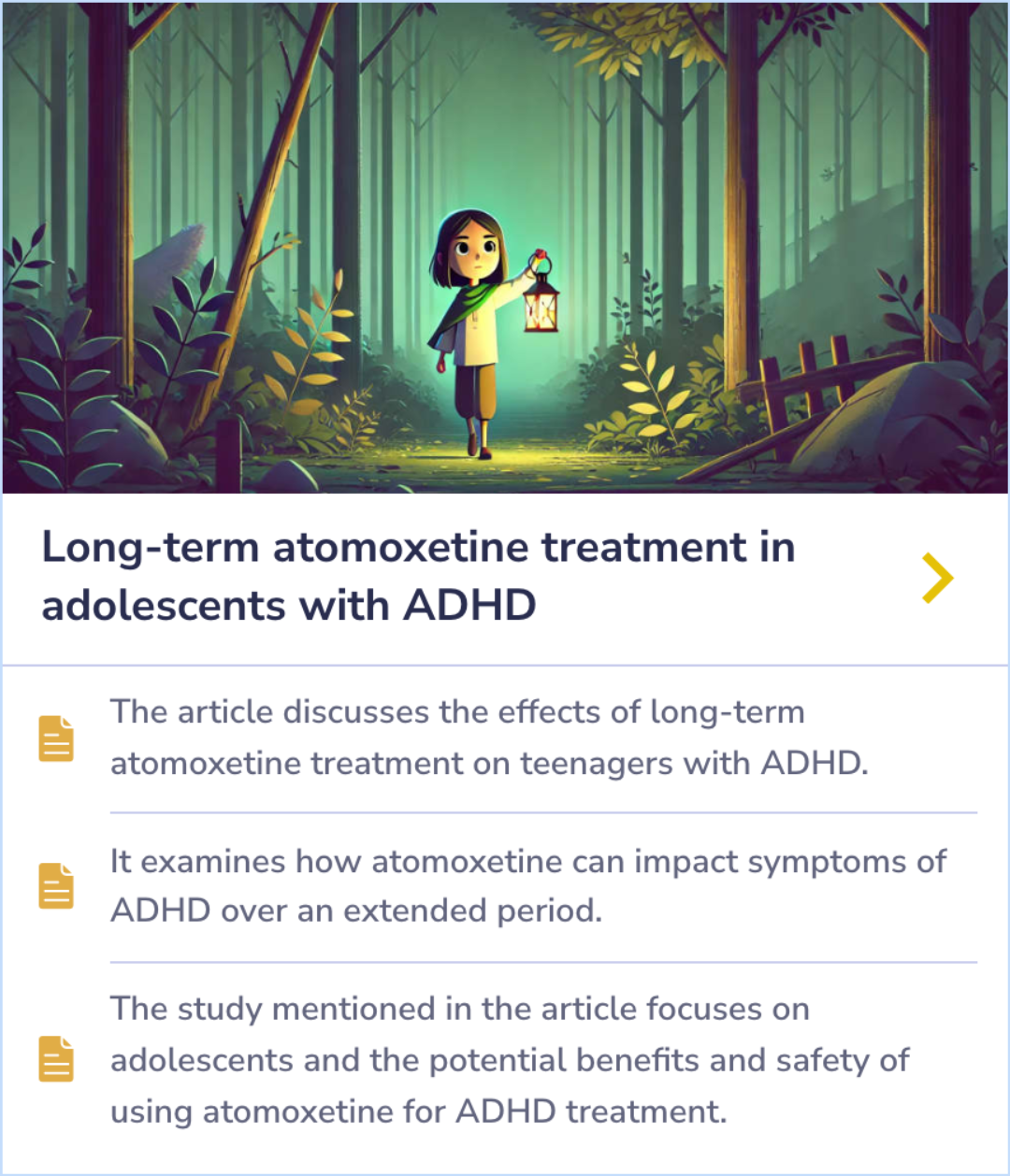 Summary card discussing long-term effects of atomoxetine on ADHD symptoms in adolescents, focusing on symptom management and safety during extended treatment.