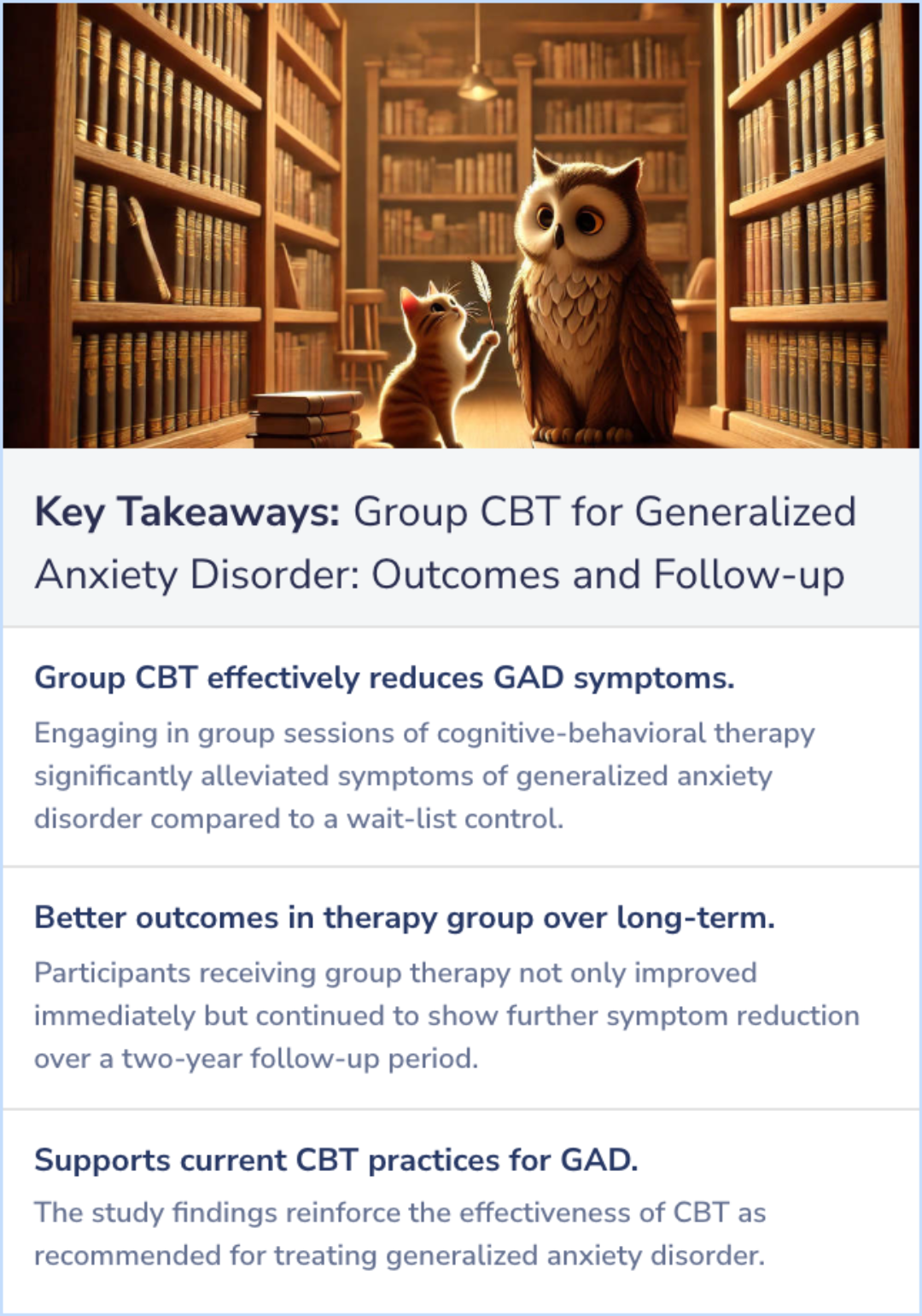 Key Takeaways for Group cognitive-behavioral therapy for generalized anxiety disorder: treatment outcome and long-term follow-up
