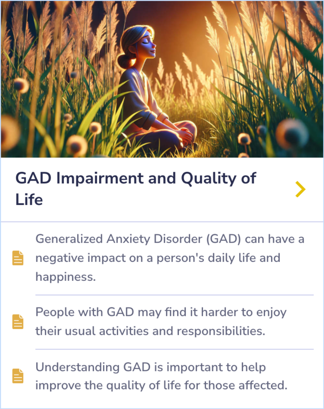 Summary Card explaining the impact of Generalized Anxiety Disorder (GAD) on daily life and personal happiness.