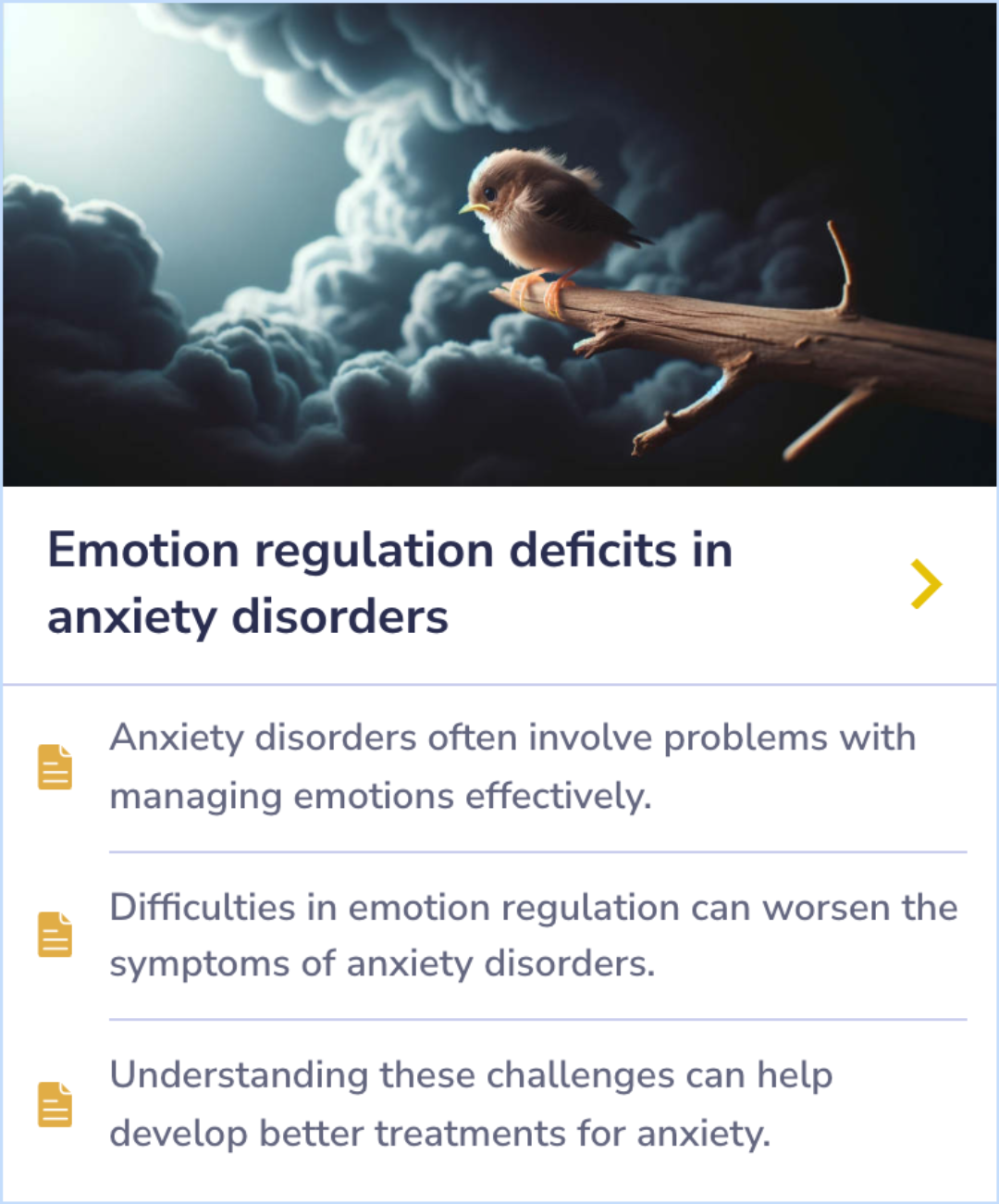 Summary Card explaining how emotional difficulties can worsen anxiety symptoms and contribute to treatment approaches.