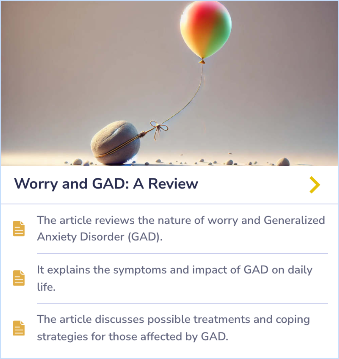 Summary Card reviewing Generalized Anxiety Disorder (GAD), its symptoms, and treatment strategies to help manage its impact on daily life.