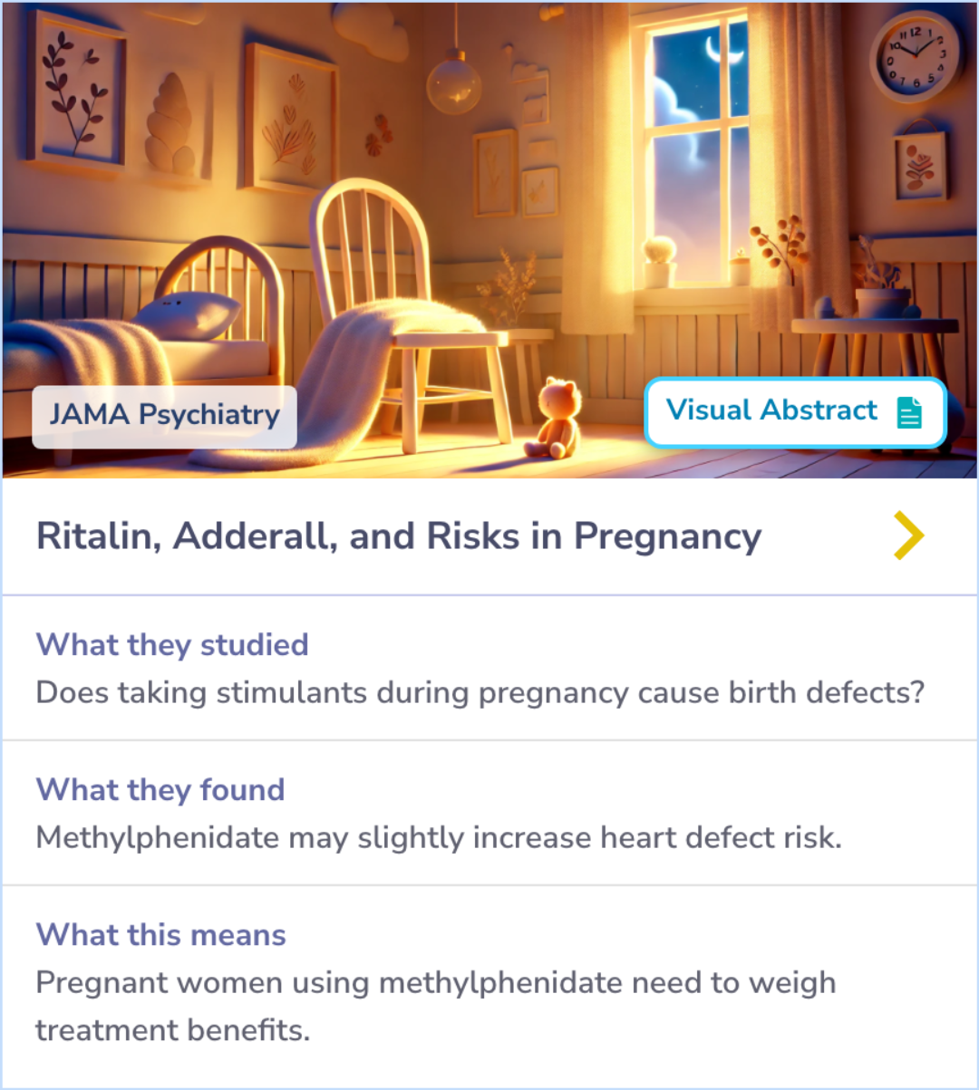 Summary card showing a study that examines the risk of congenital cardiac malformations associated with stimulant use during pregnancy. Focused on methylphenidate and amphetamines exposure, contrasting their impacts.