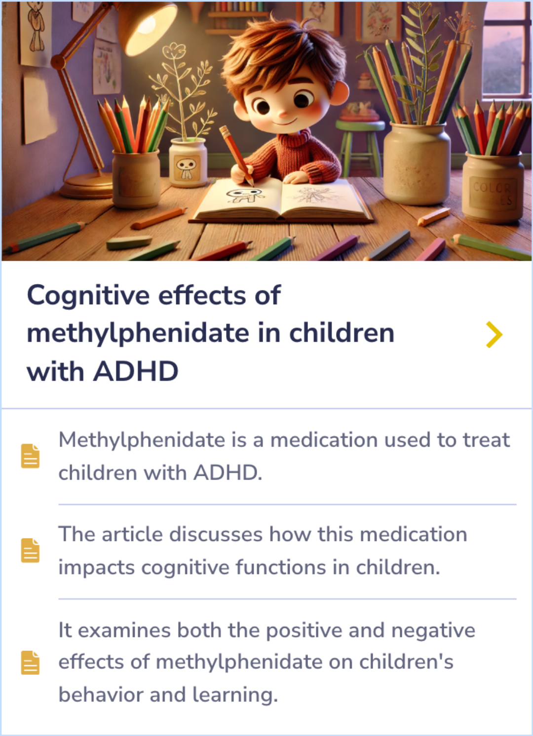 Summary card depicting biannual assessment of ADHD and tic behaviors in children undergoing long-term methylphenidate therapy, highlighting sustained behavioral improvements and stable tic severity.
