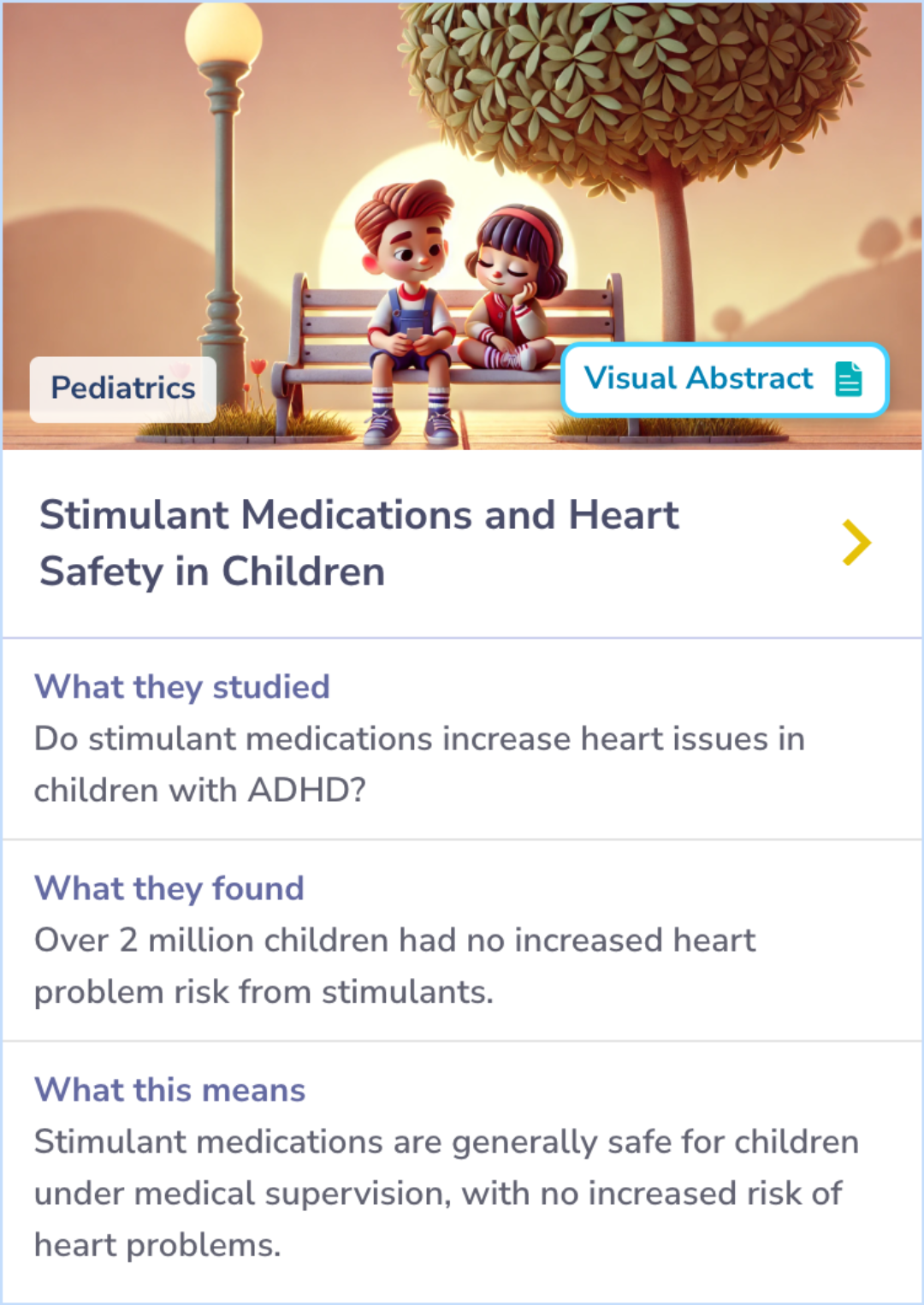 Summary Card comparing cardiac risks for children and adolescents using methylphenidate or amphetamine salts based on Florida Medicaid data, revealing similar risk levels for emergency heart-related visits.