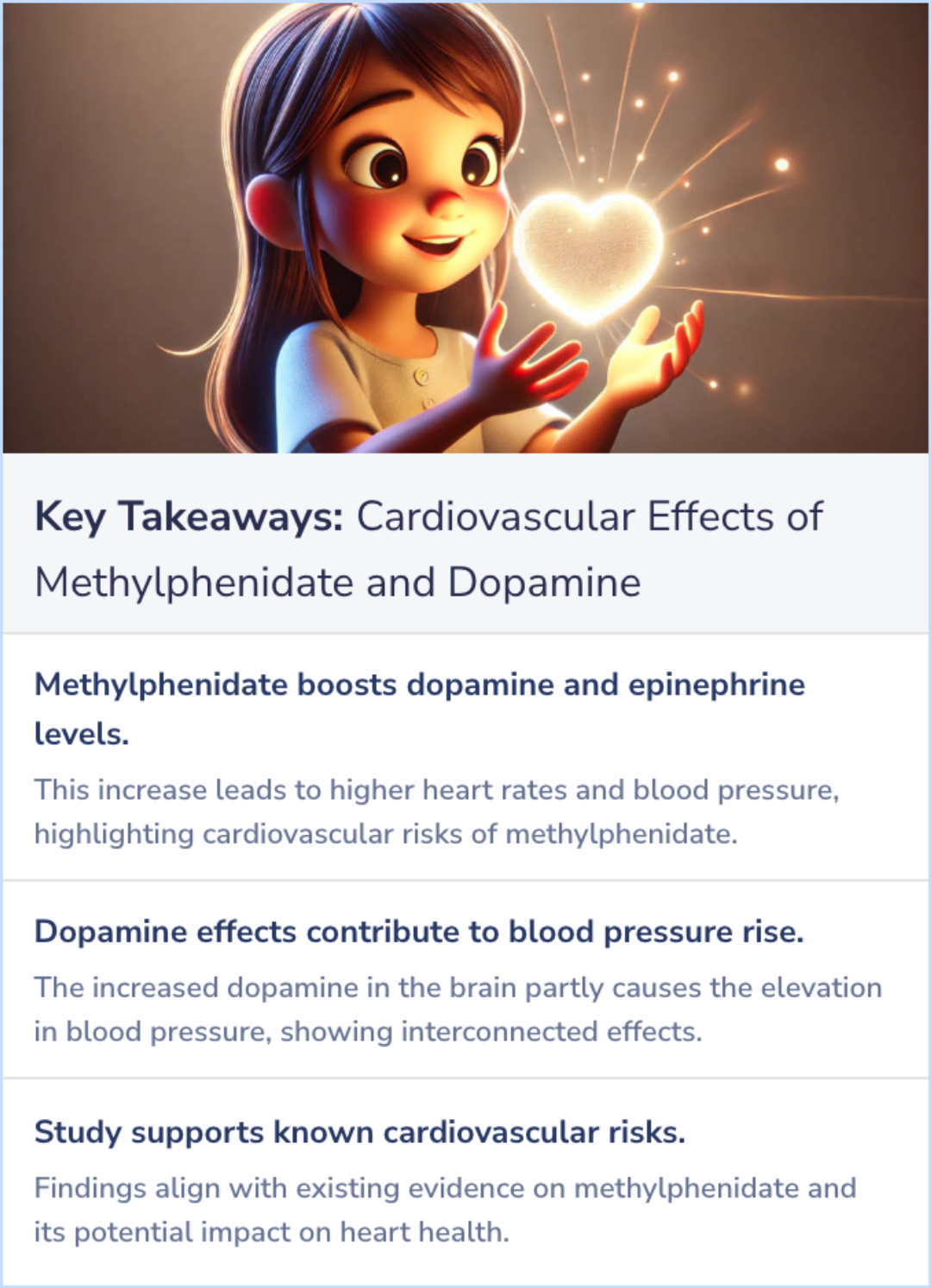 Key Takeaways for Cardiovascular effects of methylphenidate in humans are associated with increases of dopamine in brain and of epinephrine in plasma