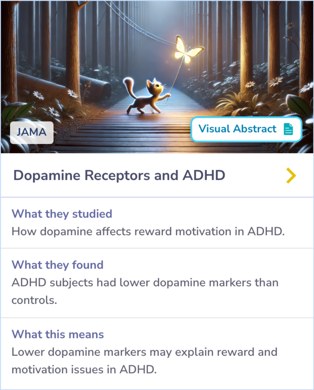 Summary Card on the exploration of dopamine deficits in adults with ADHD using imaging techniques to compare dopamine markers between individuals with ADHD and healthy controls.