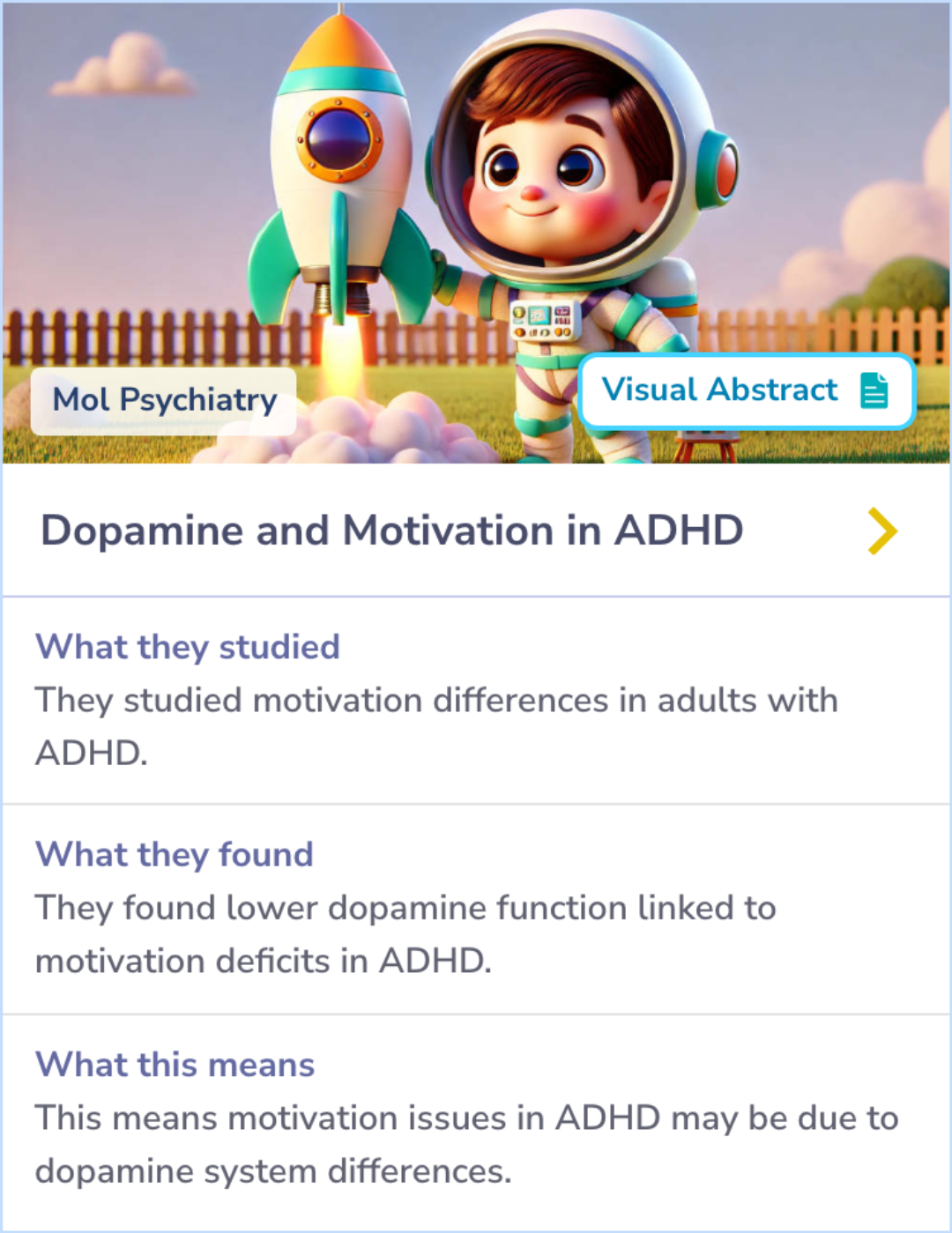 Summary card showing the correlation between dopamine function and motivation deficits in adults with ADHD, emphasizing decreased dopamine activity and lower motivation scores.