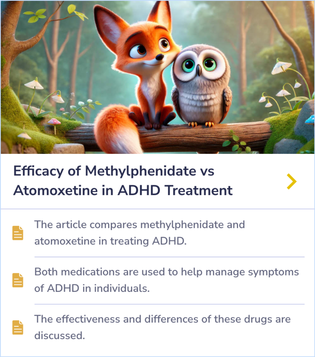 Interactive summary card comparing ADHD medications methylphenidate and atomoxetine, showcasing their effectiveness in symptom management.