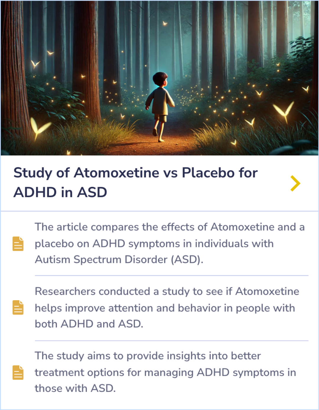 Summary card discussing the study on Atomoxetine's effects on ADHD symptoms in individuals with Autism Spectrum Disorder.