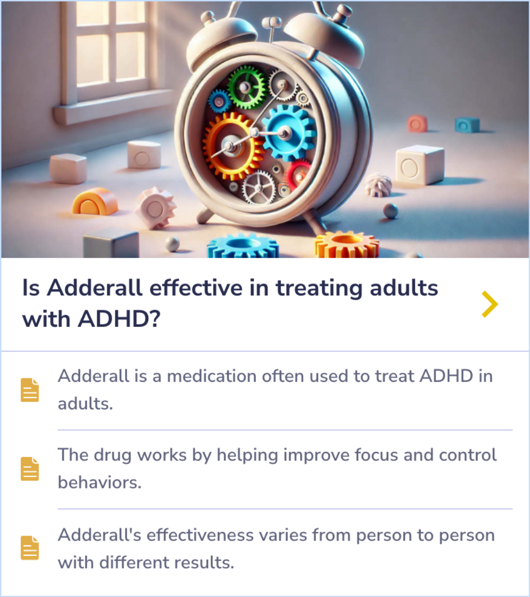 Summary Card detailing the relationship between Adderall use and mood swings, emphasizing medication adjustments and monitoring.