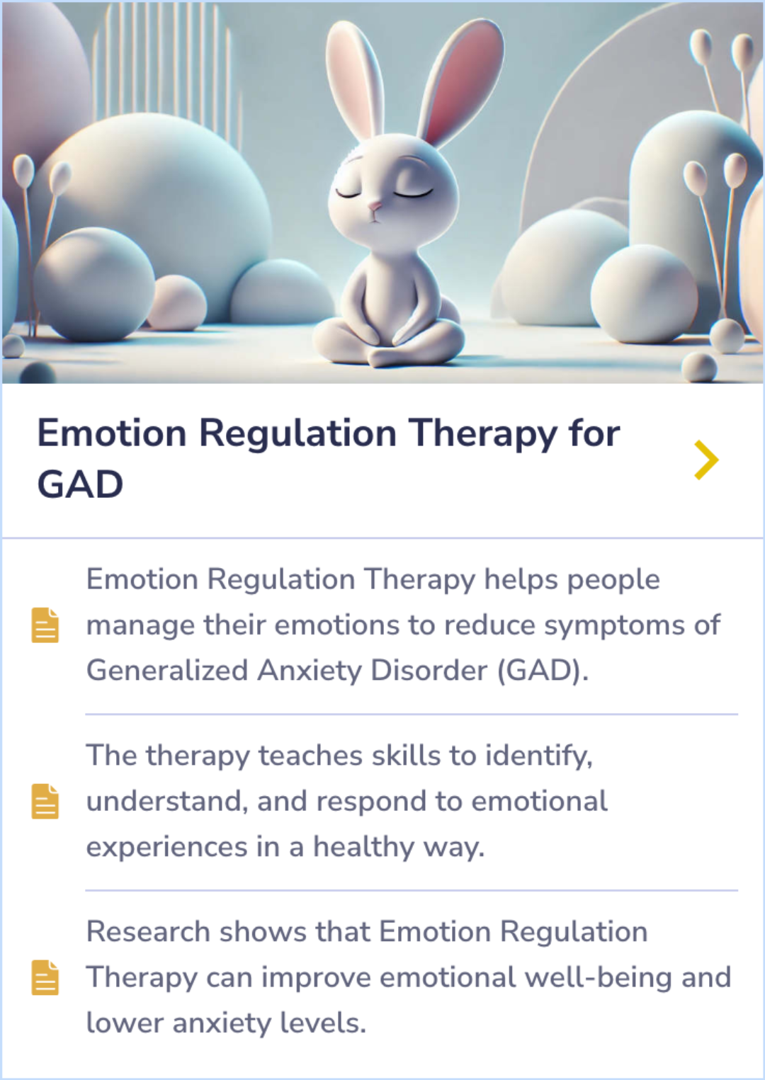 A summary card describing Emotion Regulation Therapy's benefits in managing emotions and reducing anxiety symptoms, with research-backed evidence on its effectiveness.